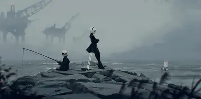 Fan art of 2B (YoRHa No.2 Type B) from NieR: Automata standing on a rocky shore with another android fishing in the foggy background.