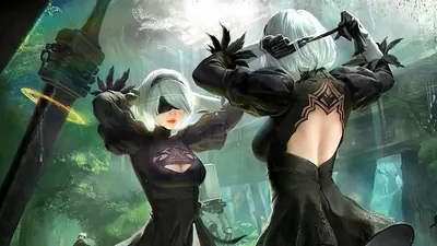 Fan art of 2B (YoRHa No.2 Type B) from NieR: Automata depicted in a gothic-lolita outfit with a blindfold, standing in a post-apocalyptic forest setting.