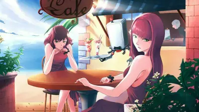 Fan art of 2B (YoRHa No.2 Type B) from NieR: Automata sitting at a cafe table by the sea.
