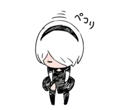 Chibi-style illustration of 2B (YoRHa No.2 Type B) from NieR: Automata, featuring a white bob haircut and black outfit.