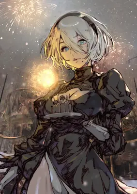 2B (YoRHa No.2 Type B) from NieR: Automata depicted in a gothic-lolita outfit with a blindfold, holding a cake in a post-apocalyptic setting.