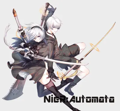 Fan art of 2B and 9S from NieR: Automata in a dynamic combat stance with swords and weapons.
