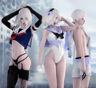 Fan art of 2B (YoRHa No.2 Type B) from NieR: Automata depicted in school uniforms with white hair and black gloves.