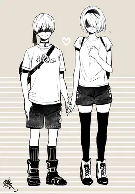 Black-and-white fan art of 2B and 9S from NieR: Automata holding hands in casual clothing.