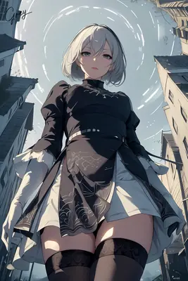 Fan art of 2B (YoRHa No.2 Type B) from NieR: Automata standing in a post-apocalyptic urban setting.