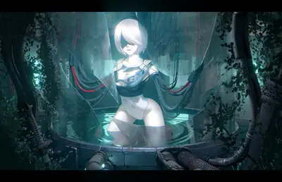 2B (YoRHa No.2 Type B) from NieR: Automata standing in a glass chamber surrounded by overgrown vines and industrial debris.