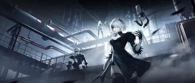 2B (YoRHa No.2 Type B) from NieR: Automata stands in a dimly lit industrial ruin with machinery and pipes, accompanied by 9S in the background.