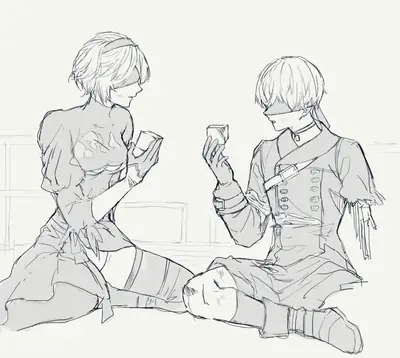 A black-and-white sketch of 2B and 9S from NieR: Automata sitting together, both wearing blindfolds and holding small objects.