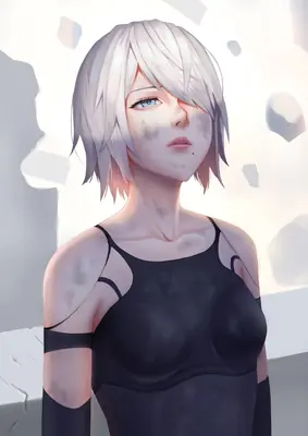 Digital illustration of 2B (YoRHa No.2 Type B) from NieR: Automata wearing a black dress with a blindfold, standing amidst rubble.
