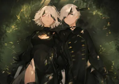 Digital illustration of 2B and 9S from NieR: Automata standing together in a lush green forest.