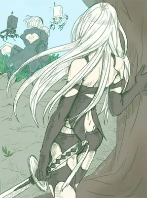 Fan art of 2B (YoRHa No.2 Type B) from NieR: Automata, depicted with long white hair and a black dress in a post-apocalyptic outdoor setting.