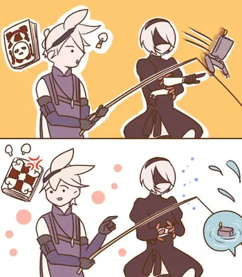 Fan art illustration of 2B and 9S from NieR: Automata, showing a playful interaction with fishing rods and a book.