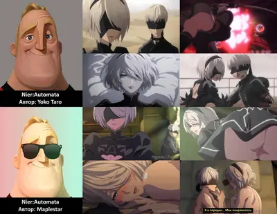 A collage of fan art depicting 2B (YoRHa No.2 Type B) from NieR: Automata, showcasing various artistic interpretations and emotional scenes.