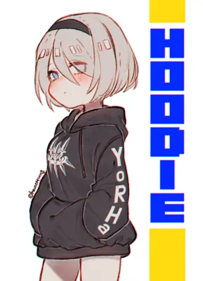 2B (YoRHa No.2 Type B) from NieR: Automata wearing a black hoodie with YORHA text and logo, depicted in a digital illustration.