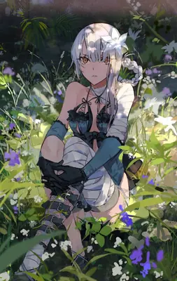 2B (YoRHa No.2 Type B) from NieR: Automata sits in a sunlit field of wildflowers and greenery, wearing her signature gothic-lolita outfit with a blindfold.