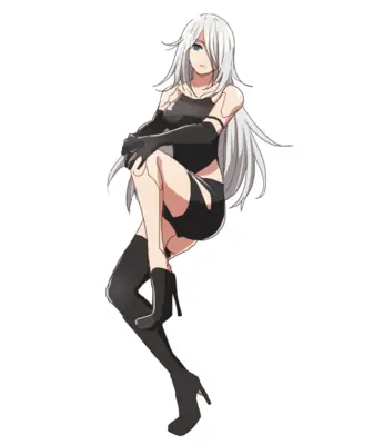 Digital illustration of 2B (YoRHa No.2 Type B) from NieR: Automata wearing a black gothic-lolita dress and high-heeled boots.