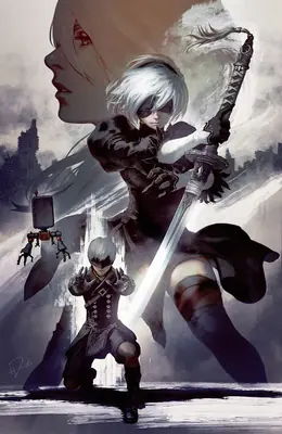 Digital illustration of 2B from NieR: Automata in a combat stance with a sword, set against a post-apocalyptic cityscape.