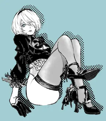 Digital illustration of 2B (YoRHa No.2 Type B) from NieR: Automata, depicted in a gothic-lolita outfit with a blindfold and high-heeled boots.