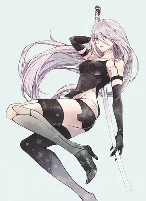2B (YoRHa No.2 Type B) from NieR: Automata depicted in a dynamic pose with long silver hair, black gothic-lolita combat outfit, and a sword, set against a light background.