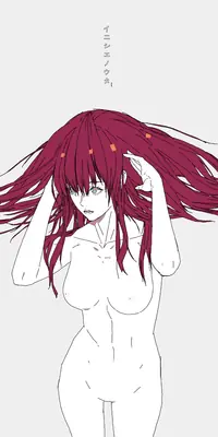 Fan art of 2B from NieR: Automata, depicting a character with long red hair and no clothing against a plain background.