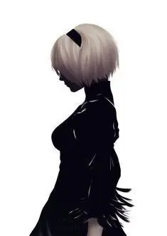 Silhouette of 2B (YoRHa No.2 Type B) from NieR: Automata, shown in profile wearing a black dress and blindfold.