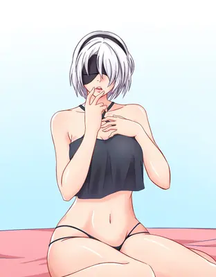 Digital illustration of 2B (YoRHa No.2 Type B) from NieR: Automata wearing a black swimsuit and blindfold, sitting against a light blue background.