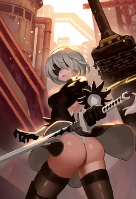 2B (YoRHa No.2 Type B) from NieR: Automata stands in a combat-ready stance with her sword, set against a post-apocalyptic industrial backdrop.