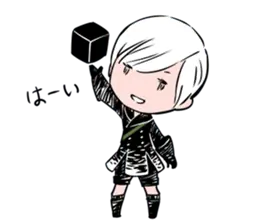 Chibi-style illustration of 2B (YoRHa No.2 Type B) from NieR: Automata holding a black cube.