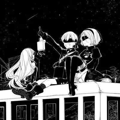 Black-and-white fan art of 2B and 9S from NieR: Automata sitting on a rooftop under a starry sky.