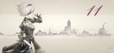 2B (YoRHa No.2 Type B) from NieR: Automata depicted in a gothic-lolita style with a blindfold, standing before a ruined cityscape.