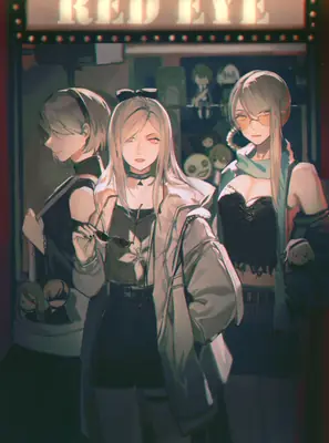 Digital illustration of 2B (YoRHa No.2 Type B) from NieR: Automata standing in a dimly lit urban setting with other characters.