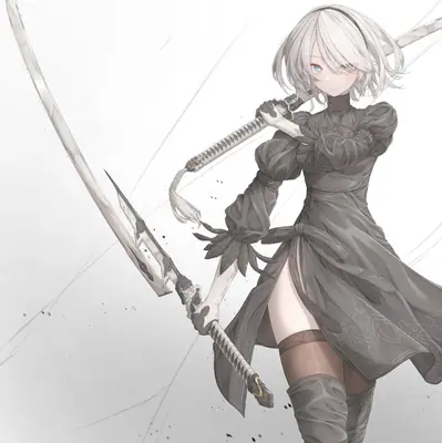 Fan art of 2B (YoRHa No.2 Type B) from NieR: Automata, depicted in a gothic-lolita style with dual swords and a blindfold.