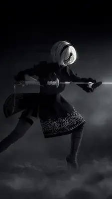 A black and white digital illustration of 2B from NieR: Automata in a combat stance with a sword.