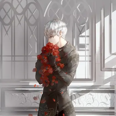 Fan art of 2B (YoRHa No.2 Type B) from NieR: Automata holding red roses in a gothic-style room.