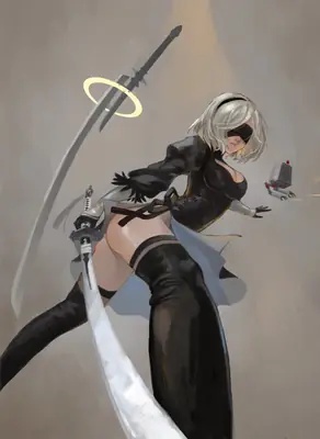 Digital illustration of 2B (YoRHa No.2 Type B) from NieR: Automata in a dynamic action pose with a sword and blindfold.