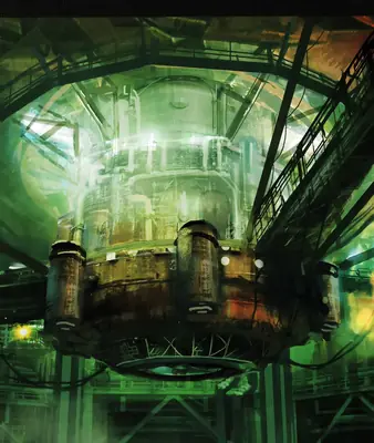 A digital illustration of a massive industrial facility from NieR: Automata, featuring glowing green lights and intricate machinery.