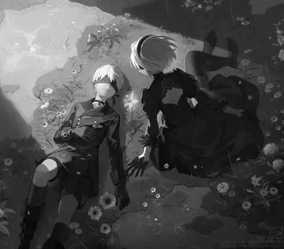 Black-and-white fan art of 2B and 9S from NieR: Automata sitting together in a rainy, overgrown post-apocalyptic landscape with flowers.