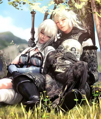 Fan art of 2B and 9S from NieR: Automata resting together in a grassy outdoor setting under a tree.