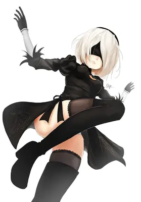 Digital illustration of 2B (YoRHa No.2 Type B) from NieR: Automata, depicted in a dynamic pose with white hair and a black blindfold.