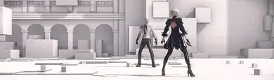 Fan art of 2B and 9S from NieR: Automata standing in a stark, white post-apocalyptic environment.