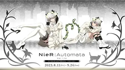 Fan art of 2B (YoRHa No.2 Type B) from NieR: Automata depicted in a gothic-lolita outfit with floral headwear, set against a post-apocalyptic cityscape background.