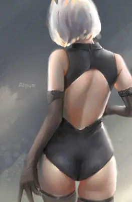 Digital illustration of 2B (YoRHa No.2 Type B) from NieR: Automata, shown from behind in a black dress with a cutout back.
