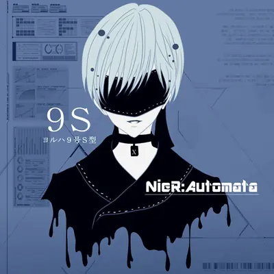 Digital illustration of 2B (YoRHa No.2 Type B) from NieR: Automata, featuring white hair and a black blindfold against a blue technical background.