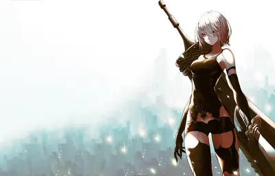 2B (YoRHa No.2 Type B) from NieR: Automata stands in a gothic-lolita style black dress with a blindfold, holding a sword against a post-apocalyptic cityscape.