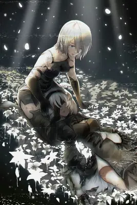 Digital illustration of 2B (YoRHa No.2 Type B) from NieR: Automata, depicted in a black dress amidst glowing white flowers in a dark, reflective environment.