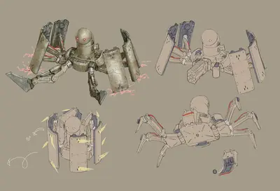 Concept art illustrations of a spider-like machine from NieR: Automata.