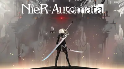 2B (YoRHa No.2 Type B) from NieR: Automata stands in a combat pose with dual swords in a post-apocalyptic industrial setting.