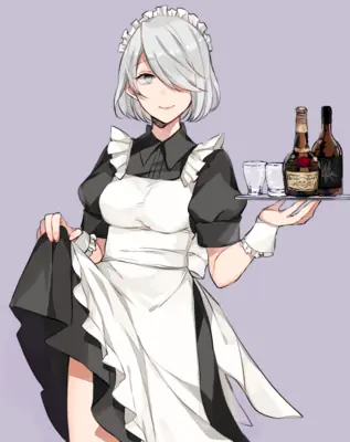 2B (YoRHa No.2 Type B) from NieR: Automata depicted in a gothic-lolita maid outfit holding a tray with bottles and glasses.