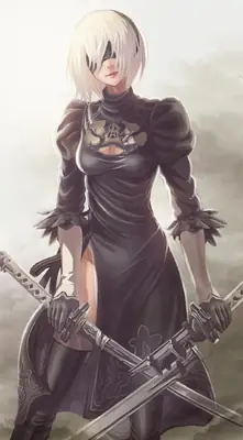Digital illustration of 2B (YoRHa No.2 Type B) from NieR: Automata, depicted in a black gothic-lolita dress with a blindfold and dual swords.