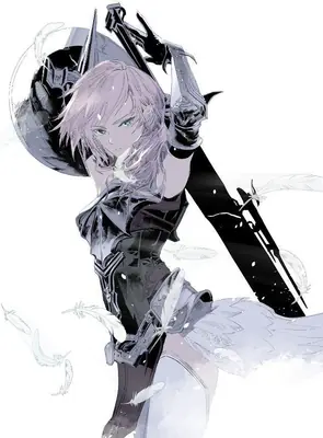 Digital illustration of 2B (YoRHa No.2 Type B) from NieR: Automata, depicted in a gothic-lolita style with a blindfold and sword amidst white feathers.